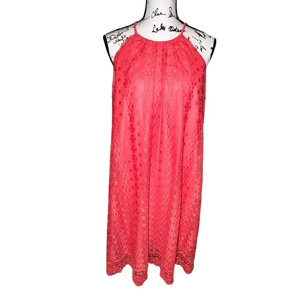 Maggy London Pink Lace Eyelet Keyhole Back Sleeveless Asymmetrical Dress Size 14